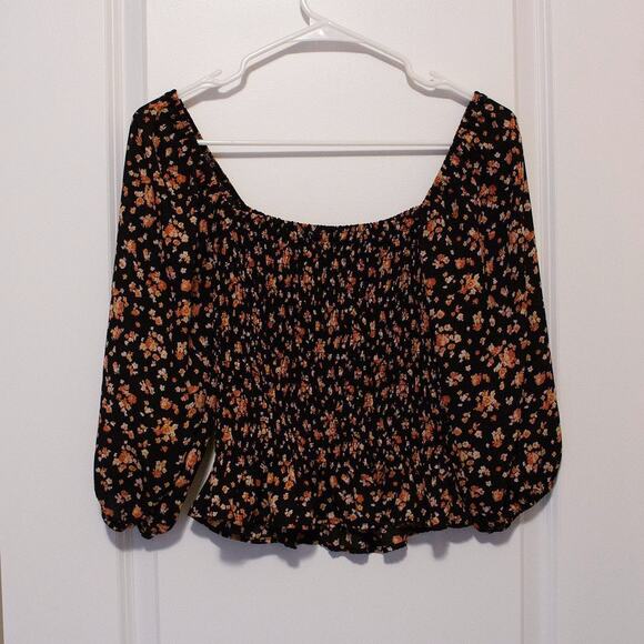 S Cottagecore Botanical Floral Smocked Puff Sleeve Peasant Black Blouse Ruffle - Picture 2 of 6